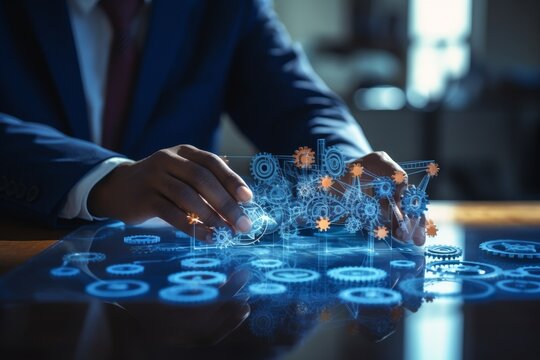 Businessman connects gears and digital tech for ai based project management and growth strategy.