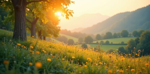 Fototapeta premium Soft, diffused light bathes a gently blurred landscape , summer, delicate