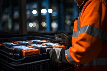 Worker in orange vest handles battery pack in modern warehouse with high tech equipment