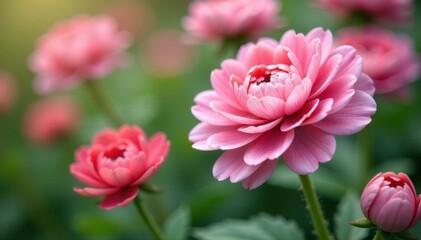 Obraz premium Cluster of pink and white ranunculus, shallow depth of field , garden, delicate