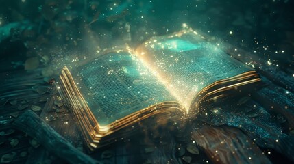 A captivating open book illuminated by a mystical glow surrounded by delicate sparkles