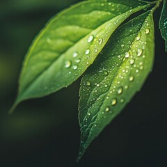 Close-up of two vibrant green leaves glistening with dew drops against a dark background.