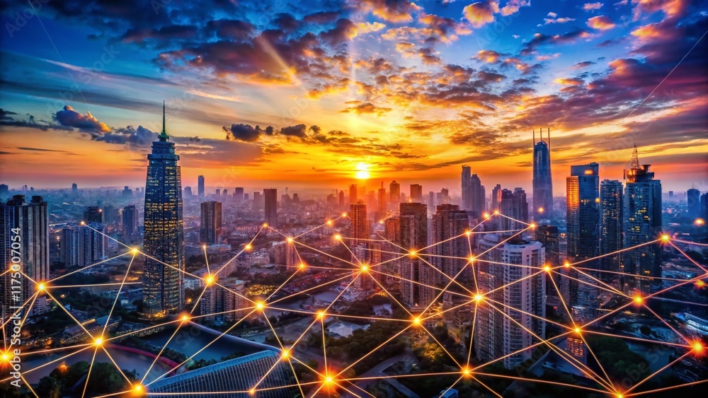 Poster panoramic data visualization: abstract graph network on a futuristic cityscape
