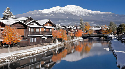 Fototapeta premium Snowy Village, Autumn Reflections, Mountain View