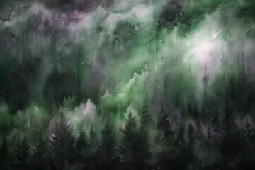 Abstract watercolor background, green forest silhouette, misty atmosphere, serene nature scene, artistic landscape design.
