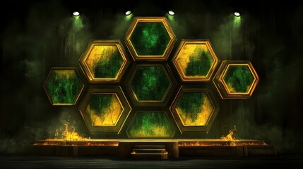Dynamic hexagonal display installation in urban art space modern design concept interactive environment