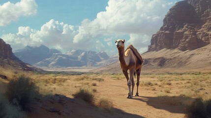 Camel walks desert path, majestic mountains backdrop.