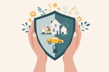 Flat vector illustration of hands holding a shield with icons of a family, a house, and a car inside it. Clean, modern design with soft pastel colors and a plain background.