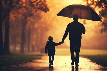 A father holding an umbrella and walking with his child in the park on a rainy day, back view, silhouettes, backlit, autumn colors, soft light, foggy background, wide angle.