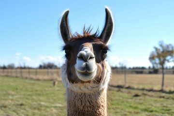 Obraz premium Brown camelid stares, sunny pasture background.
