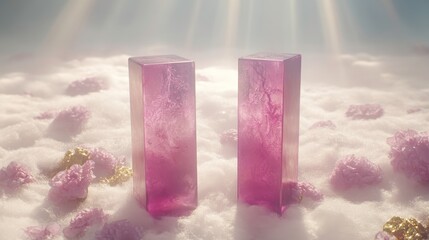 Captivating pink crystal blocks illuminated by soft light ethereal cloud setting abstract art concept