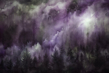 Naklejka premium Abstract watercolor landscape, purple hues, dreamy forest silhouette, ethereal atmosphere, artistic background, nature-inspired design.