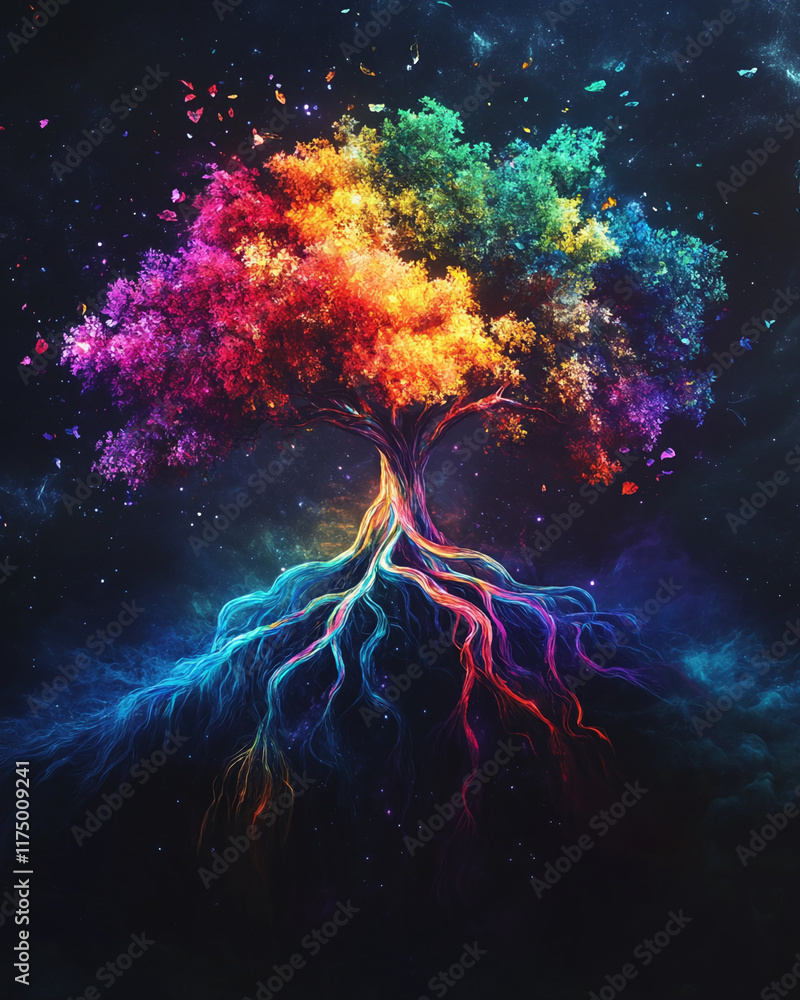 Poster vibrant rainbow tree with glowing roots on a cosmic background