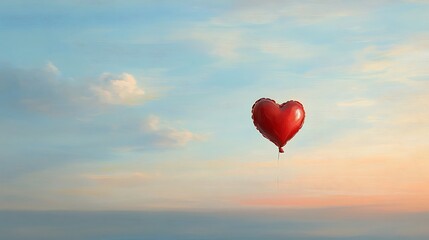 Obraz premium A red heart balloon with a satin finish gliding in front of a pale blue horizon with light clouds
