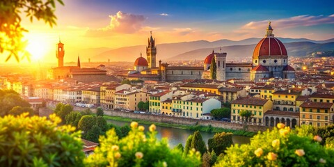 Fototapeta premium Panoramic Florence Sunrise: Sunny Summer Morning Bokeh Cityscape