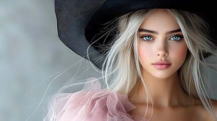 Fashion editorial portrait, magnetic blue eyes, flowing blonde locks, luxurious pink evening wear, statement black hat, premium photography Ultra-Realistic, Photo Realistic, highly detailed, 