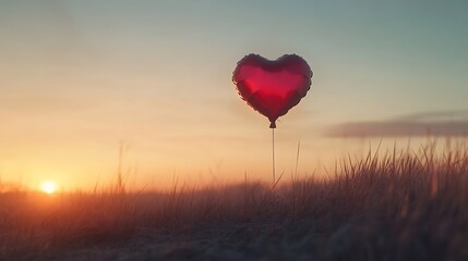 Fototapeta premium A single Valentine day balloon in the shape of a heart floating delicately in a clear morning sky