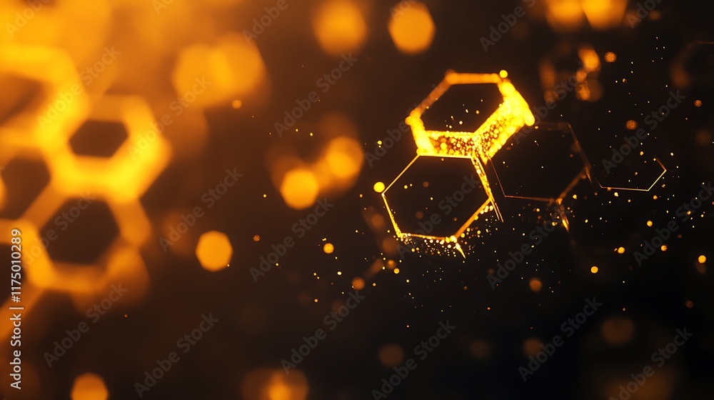 Poster golden hexagonal structures illuminated in dark background
