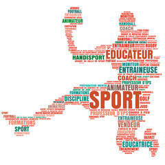 handball player, words related to sports careers, including coach, educator, animator, physical education, handisport, teamwork, fitness, training, referee, youth coordination, and mental preparation.