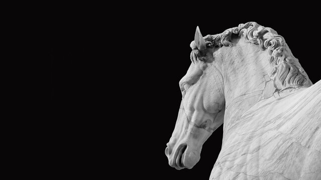 Ancient roman marble statue of an horse at the top of Capitoline Hill in Rome, dated back to the 1st century BC (Isolated on black background with copy space)