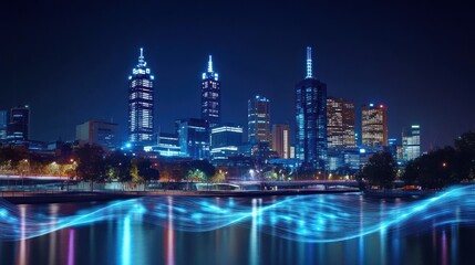 Fototapeta premium Night Metropolis: Illuminated Cityscape with Vibrant River Reflections