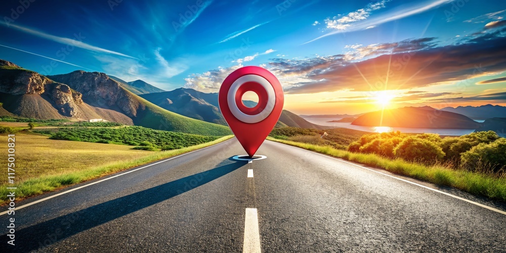 Poster panoramic gps navigation route: road map target destination travel pin
