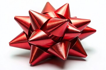 Glossy Red Star Gift Bow on White Background - Low Light Photography