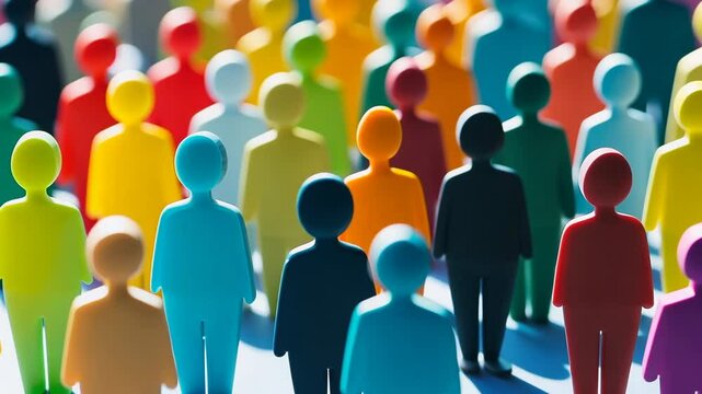 Wooden Figures. A row of colorful human figures stand together, symbolizing of diversity. Importance of inclusion, teamwork. People Silhouettes. Concepts of unity in our society. Humanity. Copy Space