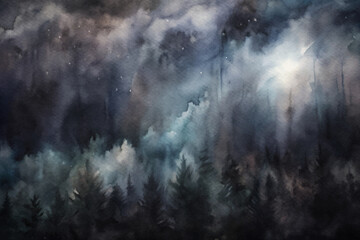 Dark forest landscape, misty atmosphere, watercolor painting, serene nature scene, dreamy night sky.