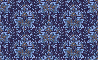 Damask seamless pattern background. Vector classical luxury old fashioned damask ornament, royal Victorian seamless texture. Vintage exquisite floral baroque template.