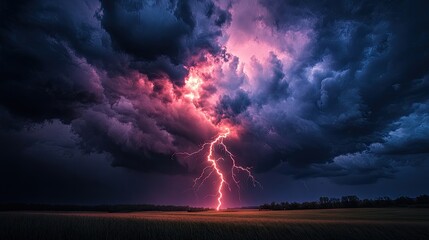 A dramatic lightning strike illuminates a dark, stormy sky over a serene landscape.