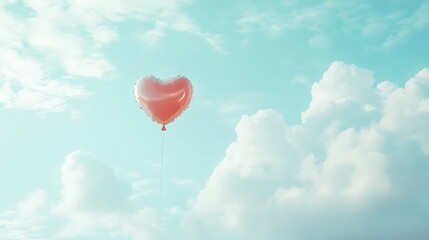 Obraz premium A single Valentine day heart balloon floating serenely in a pale blue sky filled with soft clouds