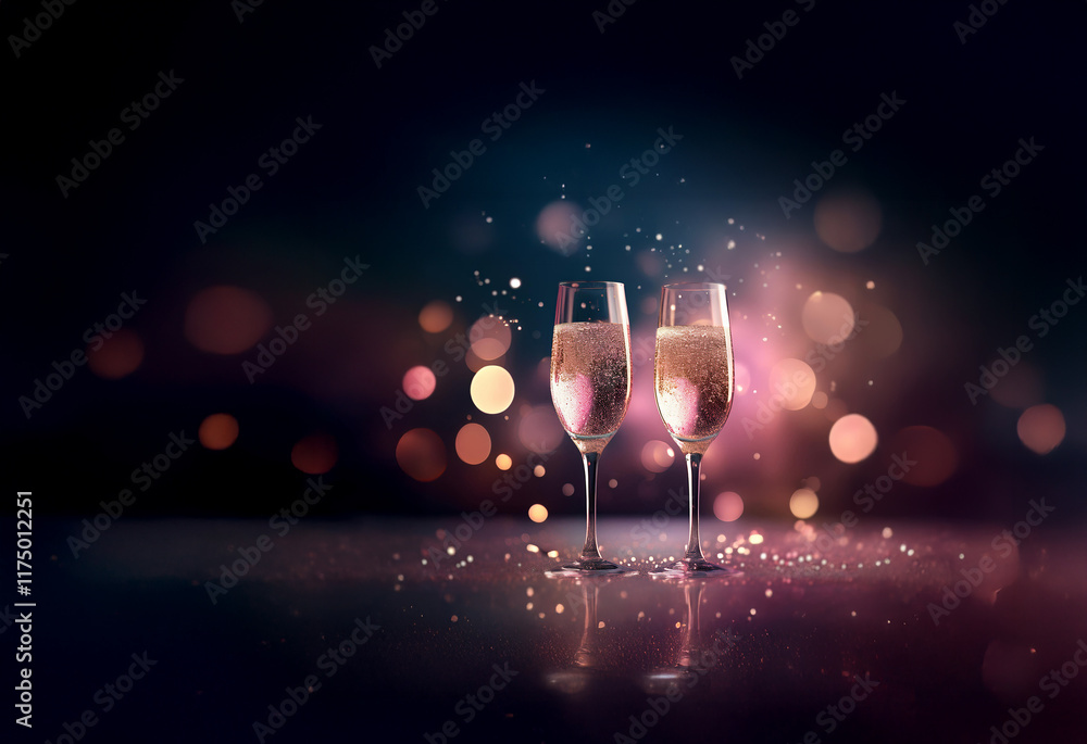 Poster two champagne flutes filled with sparkling rose rest on a shimmering surface, backlit by a warm, cel