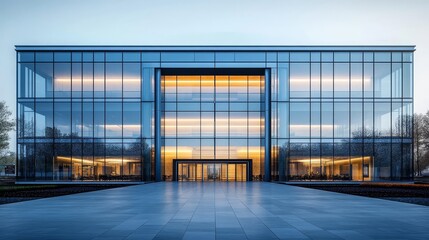 Obraz premium Modern commercial building with large glass facades and multiple entrances, surrounded by paved floors and a simple sky background, designed in a contemporary architectural style