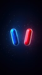 Visually Striking Composition Featuring Two Colorful Pills on a Deep Black Background Evoking Themes of Health Wellness and Pharmaceutical Innovation