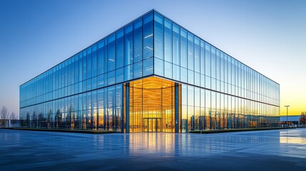 Obraz premium Modern commercial building with large glass facades and multiple entrances, surrounded by paved floors and a simple sky background, designed in a contemporary architectural style