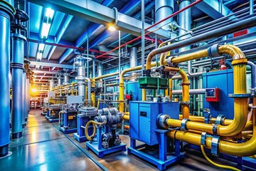 Panoramic Industrial Pneumatic System: Air Compressor, Hoses, and Cylinders