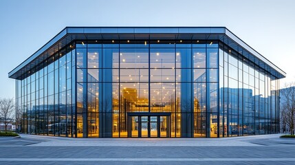 Obraz premium Modern commercial building with large glass facades and multiple entrances, surrounded by paved floors and a simple sky background, designed in a contemporary architectural style