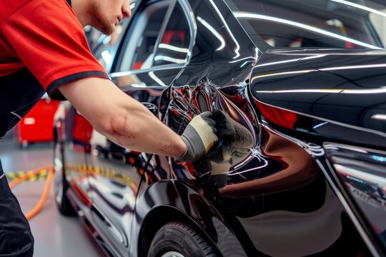 Expert technician demonstrates precision dent removal on car body for quality accident repair