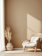 Cozy interior design with rattan armchair, pampas grass, and sunlight creating shadows