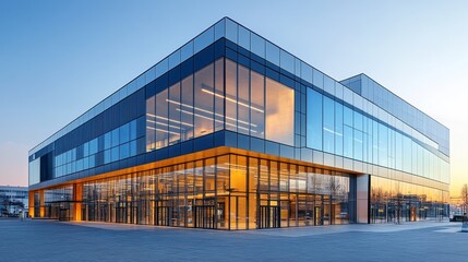 Obraz premium Modern commercial building with large glass facades and multiple entrances, surrounded by paved floors and a simple sky background, designed in a contemporary architectural style