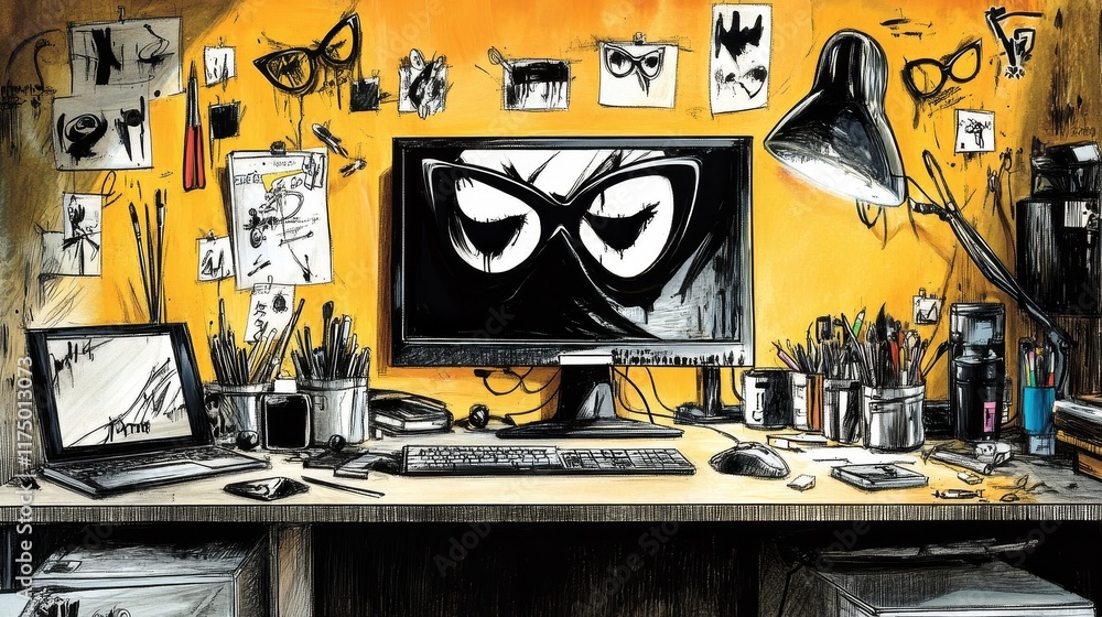 Poster messy artist's workspace with a computer displaying a stylized angry face