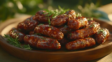 A plate of golden-brown sausages, with crispy edges, arranged neatly on a wooden board, garnished with fresh herbs, and lit by soft natural light