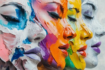 Abstract collage of faces created with vibrant splashes of acrylic and oil paints