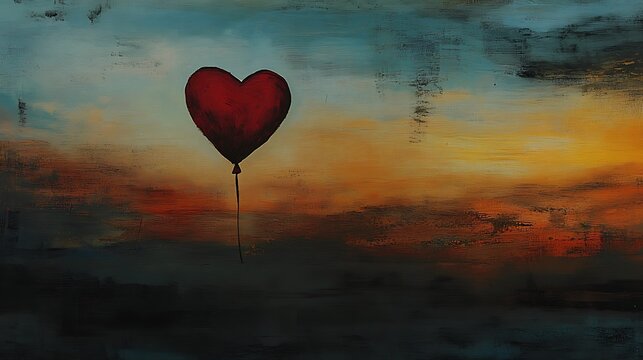 A single heart-shaped balloon in a rich red hue floating delicately against a serene twilight sky