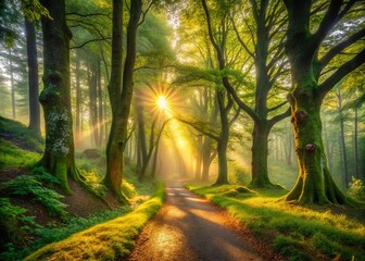 Fototapeta premium Panoramic Landscape: Mysterious Forest Path at Dawn