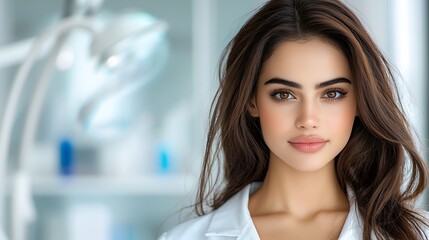 Fototapeta premium Mediterranean professional portrait medical uniform natural beauty bright lighting minimalist background sharp focus highly detailed Ultra-Realistic Photo Realistic highly detailed 