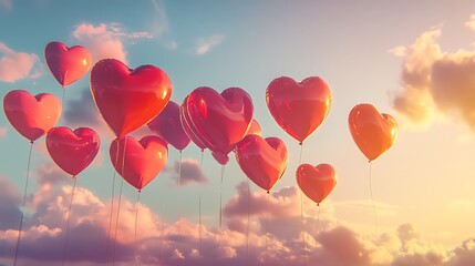 Fototapeta premium A collection of heart-shaped balloons in vibrant red and pink tones floating in a serene sky