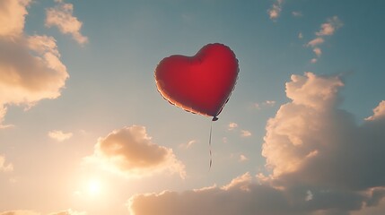 Fototapeta premium A vibrant red Valentine day heart balloon soaring gracefully against a backdrop of light clouds