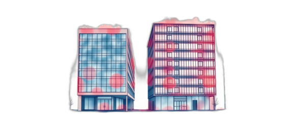 Two modern city buildings, abstract design, urban background, real estate illustration.